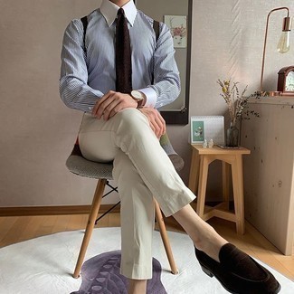 Brown Knit Tie Outfits For Men: For classy style with a clear fashion twist, choose a white and navy vertical striped dress shirt and a brown knit tie. The whole ensemble comes together wonderfully if you go for dark brown suede loafers.