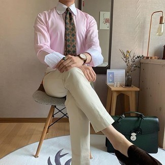 Pink Dress Shirt Outfits For Men: Team a pink dress shirt with beige chinos if you're going for a neat, on-trend ensemble. And if you need to effortlessly perk up your getup with shoes, complement this look with a pair of dark brown suede loafers.