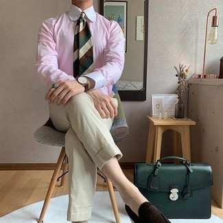 Pink Dress Shirt Outfits For Men: Opt for a pink dress shirt and beige chinos to achieve an effortlessly stylish and put together ensemble. If you feel like stepping it up a bit, add dark brown suede loafers to the mix.