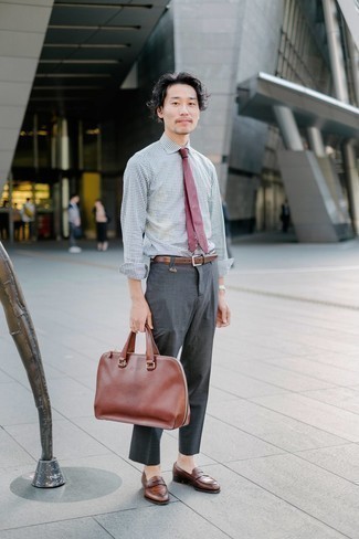 Brown Leather Loafers Outfits For Men: Inject a refined touch into your current wardrobe with a grey gingham dress shirt and charcoal chinos. Don't know how to complement this look? Rock brown leather loafers to dial it up a notch.