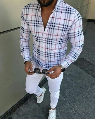 Men's White and Navy Plaid Dress Shirt, White Chinos, White Canvas Low Top Sneakers, Black Sunglasses