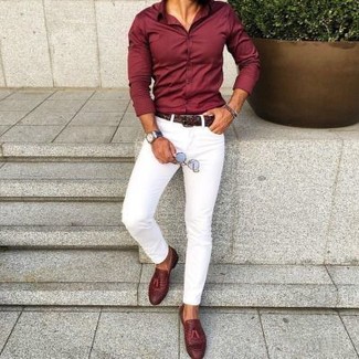 Burgundy Dress Shirt Outfits For Men: For a look that's absolutely wow-worthy, make a burgundy dress shirt and white chinos your outfit choice. If you feel like playing it up, add a pair of burgundy leather tassel loafers to your look.