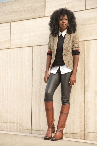 Women's Black Leather Leggings, White Dress Shirt, Dark Brown Crew-neck Sweater, Tan Gingham Blazer