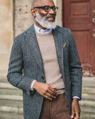 Grey Herringbone Wool Blazer with Brown Chinos Fall Outfits: 