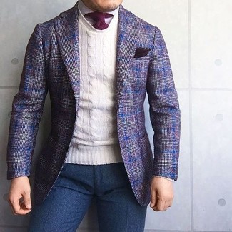 Dark Purple Plaid Wool Blazer Outfits For Men: 