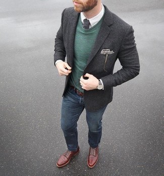 Dark Green Crew-neck Sweater Outfits For Men: 