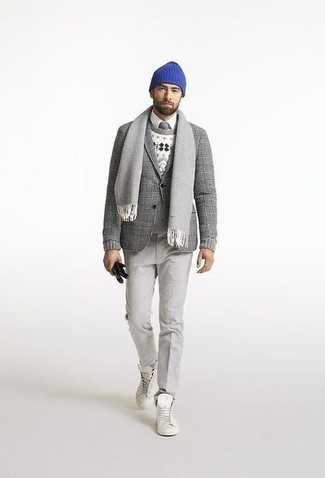 White Fair Isle Crew-neck Sweater Outfits For Men: 