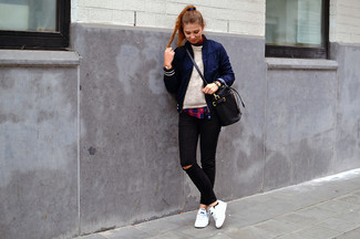 Blue Bomber Jacket Outfits For Women: 