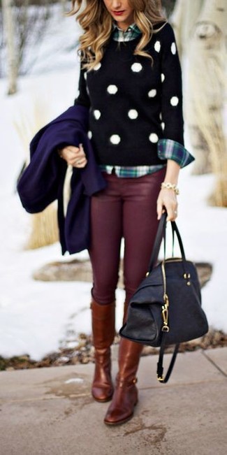 Brown Leather Knee High Boots Outfits: 