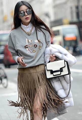 Grey Embellished Crew-neck Sweater Outfits For Women: 