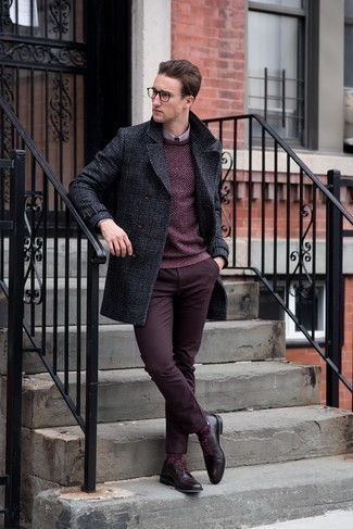 Burgundy Chevron Crew-neck Sweater Outfits For Men: 