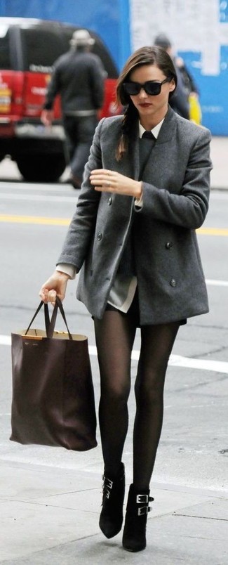 Miranda Kerr wearing Black Leather Shorts, Grey Dress Shirt, Grey Crew-neck Sweater, Grey Pea Coat