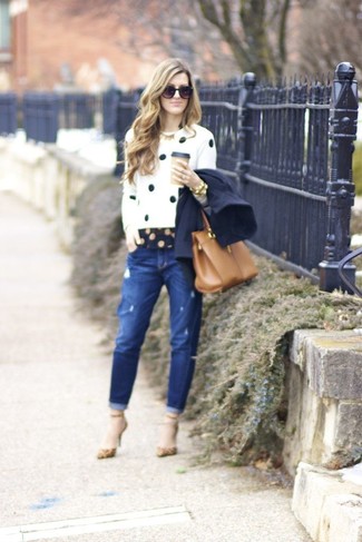 White and Black Polka Dot Crew-neck Sweater Outfits For Women: 