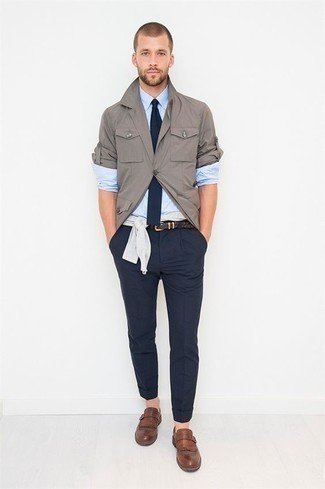 Charcoal Shirt Jacket Outfits For Men: 