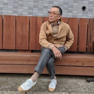 Beige Crew-neck Sweater Outfits For Men After 60: 