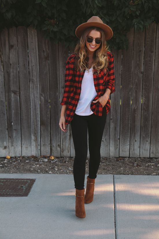 Women's Red Check Flannel Dress Shirt, White Crew-neck T-shirt, Black  Leggings, Tobacco Suede Ankle Boots
