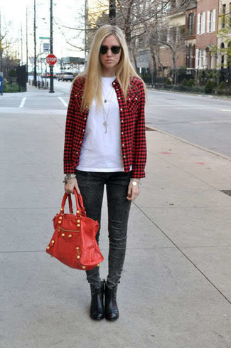 Women's Red and Black Gingham Dress Shirt, White Crew-neck T-shirt, Charcoal Skinny Jeans, Black Leather Ankle Boots