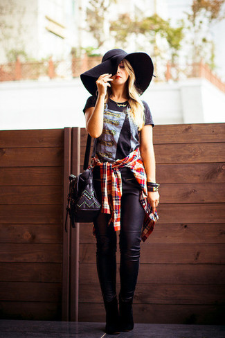 Women's Red Plaid Dress Shirt, Black Print Crew-neck T-shirt, Black Leather Skinny Jeans, Black Suede Ankle Boots