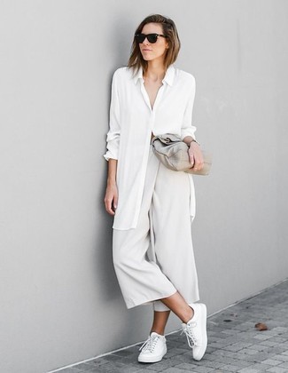 Women's White Dress Shirt, White Culottes, White Low Top Sneakers, Grey Leather Clutch