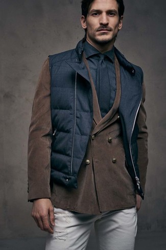 Black Quilted Gilet Outfits For Men: 