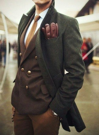 Men's Brown Dress Pants, White Dress Shirt, Brown Double Breasted Blazer, Olive Overcoat
