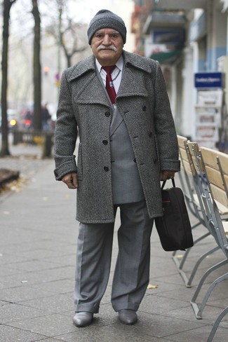 Grey Herringbone Overcoat with Grey Plaid Double Breasted Blazer Outfits: 