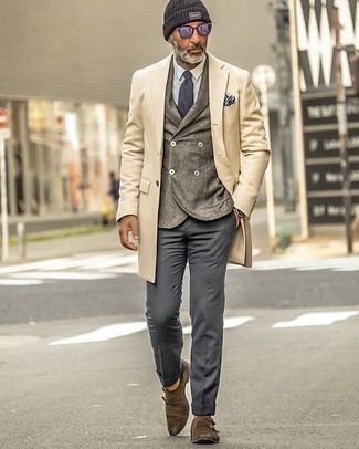 Men's Charcoal Chinos, White Dress Shirt, Grey Wool Double Breasted Blazer, Beige Overcoat