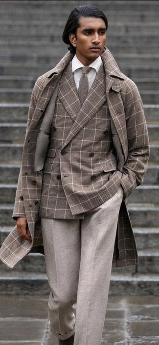 Dark Brown Plaid Overcoat Outfits: 