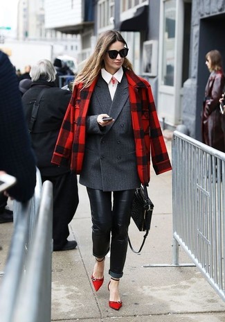Red Plaid Pea Coat Outfits For Women: 
