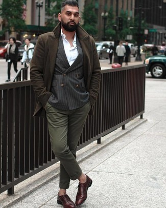 Men's Olive Chinos, White Dress Shirt, Charcoal Vertical Striped Double Breasted Blazer, Dark Brown Pea Coat