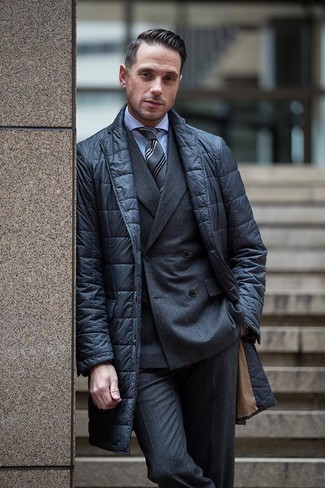 Grey Wool Double Breasted Blazer Outfits For Men: 