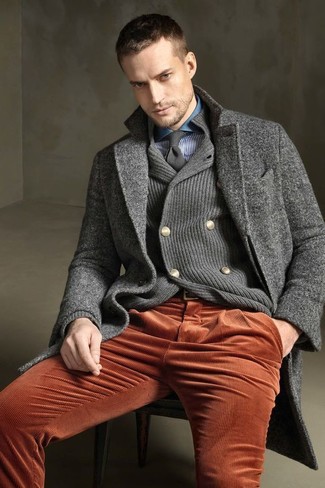 Grey Double Breasted Cardigan Outfits For Men: 
