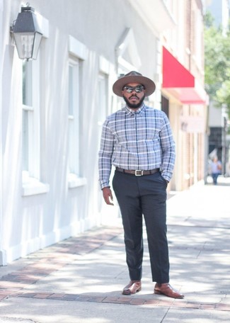 Grey Plaid Dress Shirt Outfits For Men: For a look that's classy and absolutely envy-worthy, opt for a grey plaid dress shirt and charcoal dress pants. Change up this look with more laid-back footwear, like this pair of brown leather chelsea boots.