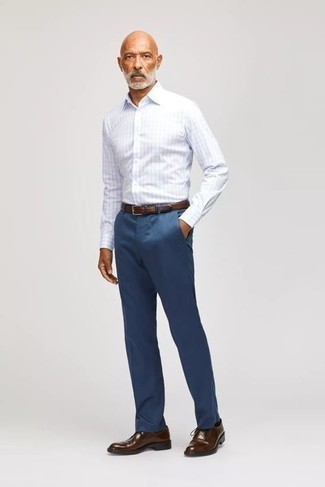 White and Navy Check Dress Shirt Outfits For Men: A white and navy check dress shirt and navy dress pants are a classy getup that every dapper man should have in his arsenal. The whole outfit comes together when you complete your look with a pair of dark brown leather derby shoes.