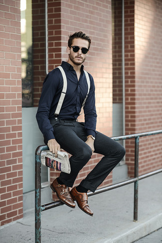 Tan Suspenders Outfits: For an outfit that's as chill as it can get, reach for a navy dress shirt and tan suspenders. Brown leather double monks will effortlessly dress up even your most comfortable clothes.