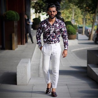 Burgundy Print Dress Shirt Outfits For Men: This classy combo of a burgundy print dress shirt and white dress pants will hallmark your outfit coordination prowess. Introduce burgundy leather double monks to the equation et voila, the look is complete.