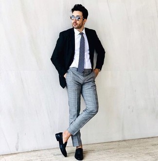 Grey Plaid Dress Pants Outfits For Men: You'll be surprised at how extremely easy it is to get dressed like this. Just a white dress shirt married with grey plaid dress pants. Our favorite of a myriad of ways to round off this look is a pair of black leather loafers.