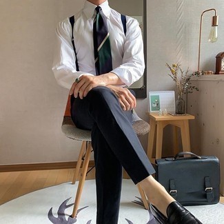 Navy Leather Briefcase Outfits: A white dress shirt and a navy leather briefcase are wonderful menswear must-haves that will integrate nicely within your daily off-duty rotation. Introduce a pair of black leather loafers to your ensemble to instantly boost the fashion factor of any ensemble.