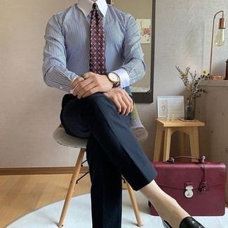 Navy Dress Pants Outfits For Men: When it comes to timeless refinement, this pairing of a white and navy vertical striped dress shirt and navy dress pants doesn't disappoint. If not sure as to the footwear, throw a pair of black leather loafers into the mix.