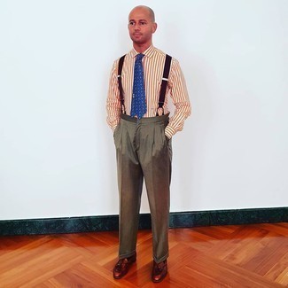 Suspenders Outfits: Make an orange vertical striped dress shirt and suspenders your outfit choice for relaxed dressing with an urban finish. Brown leather tassel loafers will breathe a hint of elegance into an otherwise simple outfit.