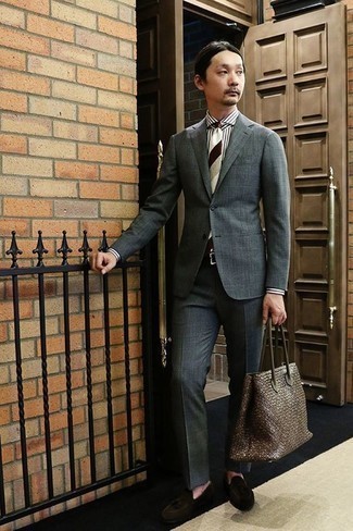 Grey Horizontal Striped Tie Outfits For Men: You'll be surprised at how easy it is to put together this elegant ensemble. Just a white and black vertical striped dress shirt and a grey horizontal striped tie. Dark brown suede tassel loafers are the ideal addition to this outfit.