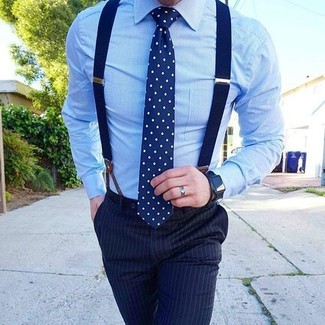 Navy Vertical Striped Dress Pants Outfits For Men: This is irrefutable proof that a light blue dress shirt and navy vertical striped dress pants are amazing when paired together in a refined look for a modern man.