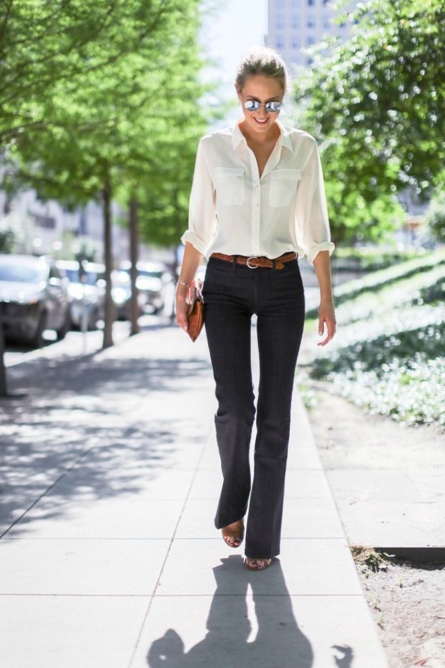 Emma Stone wearing Dark Green Dress Shirt, Black Tapered Pants, Black Suede  Flat Sandals, Beige Leather Crossbody Bag | Lookastic