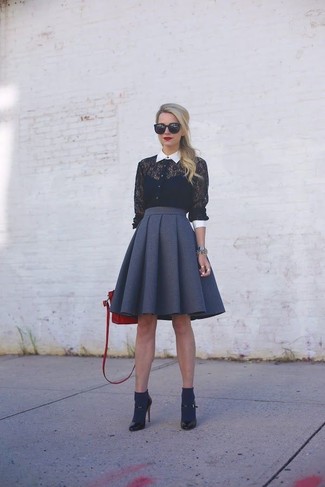 Women's Black and White Lace Dress Shirt, Charcoal Wool Full Skirt, Black Leather Pumps, Red Leather Crossbody Bag