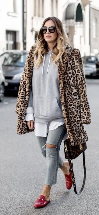 Women's Grey Ripped Skinny Jeans, White Dress Shirt, Grey Hoodie, Tan Leopard Fur Coat