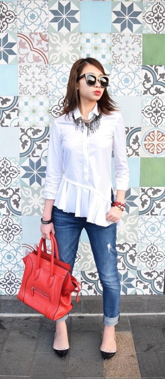 Women's White Dress Shirt, Blue Ripped Jeans, Black Studded Leather Ballerina Shoes, Red Leather Satchel Bag