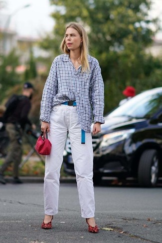 White Jeans Outfits For Women: This pairing of a light blue gingham dress shirt and white jeans makes for the perfect foundation for an outfit. Red leopard suede pumps will be a welcome complement to your outfit.