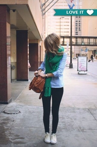 Green Knit Scarf with Light Blue Shirt Outfits For Women (2 ideas