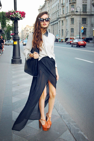 Gold Leather Heeled Sandals Outfits: This casual combination of a white and black chiffon dress shirt and a black slit chiffon maxi skirt is super easy to throw together without a second thought, helping you look awesome and prepared for anything without spending too much time rummaging through your closet. To add some extra glam to your look, complete your ensemble with gold leather heeled sandals.