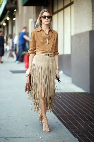Olivia Palermo wearing Tan Suede Dress Shirt, Beige Fringe Suede Midi Skirt, Beige Suede Heeled Sandals, Brown Fringe Leather Clutch